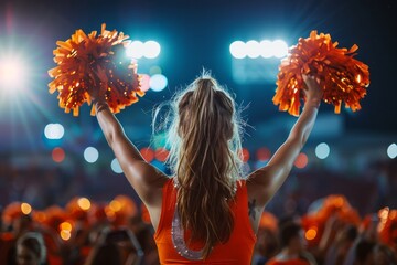 Energetic cheerleader with orange pom poms performing dance at sports event, back view