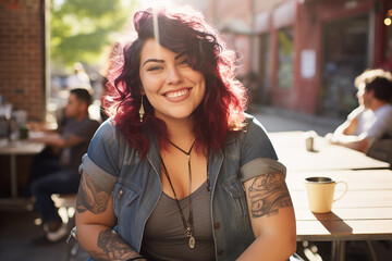 Portrait of a Hip Fashionable Hispanic woman with red hair and tattoos sitting at an outdoor cafe smiling at the camera