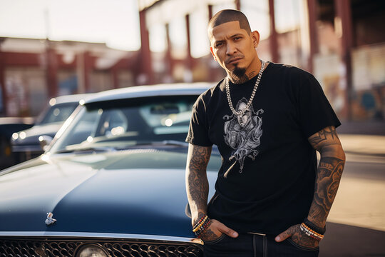 Latin gangster in front of lowrider car