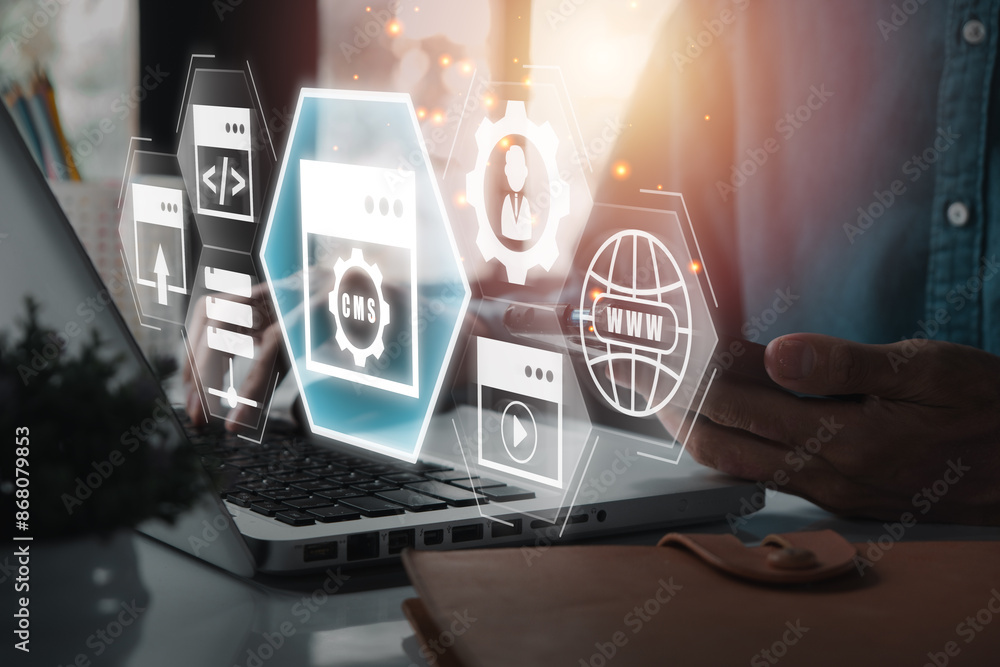 Poster a futuristic representation of a content management system (cms) interface with digital icons, showc