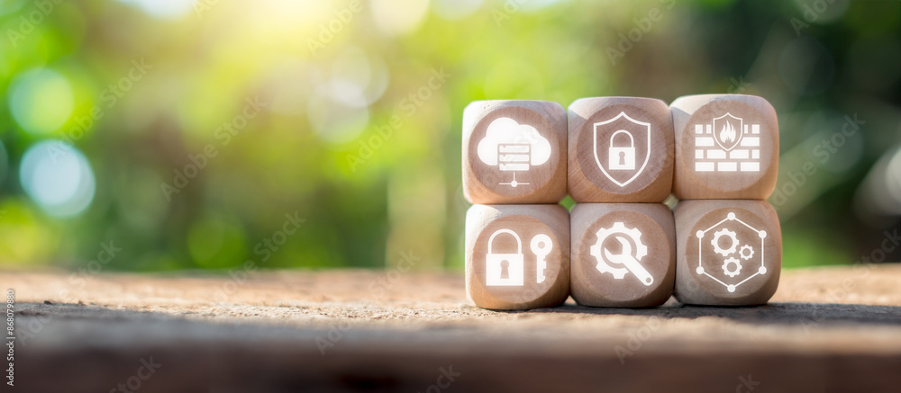 Poster wooden blocks with cybersecurity icons representing the secure access service edge (sase) concept, h
