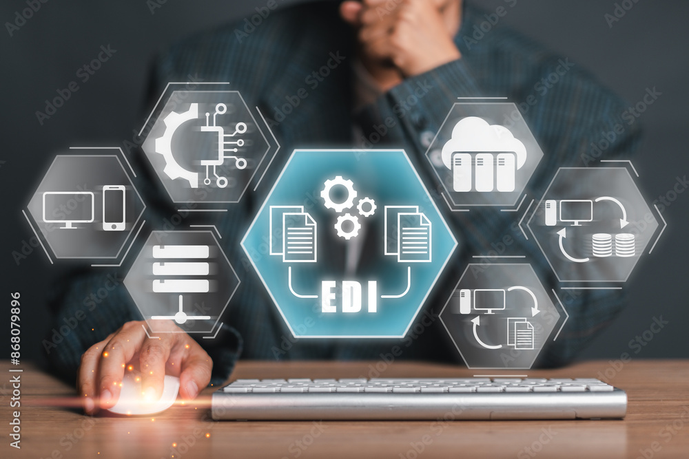 Poster business professional utilizing edi technology for seamless data exchange and improved business comm