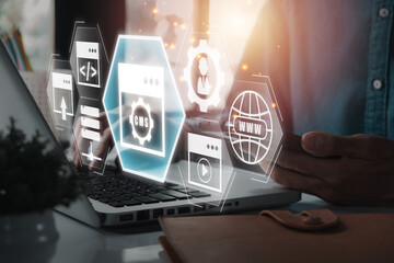 A futuristic representation of a Content Management System (CMS) interface with digital icons,...