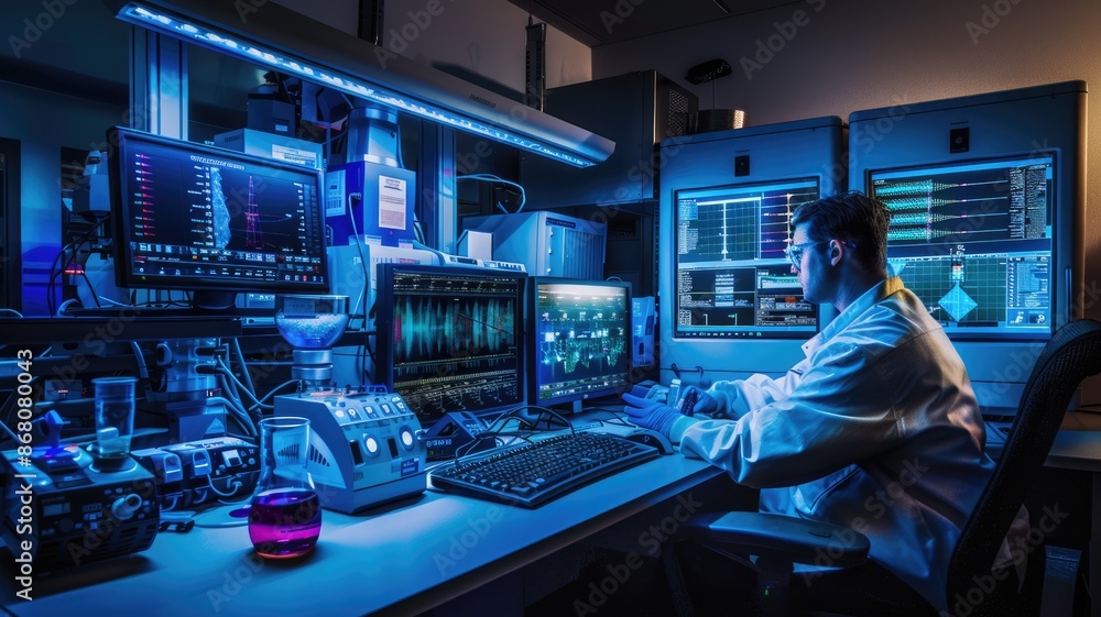 Poster in a hightech laboratory, a scientist is deeply engrossed in analyzing intricate data on numerous co