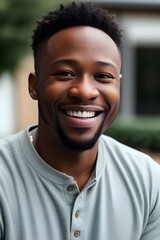 Fototapeta premium a handsome black, african american, man smiling, head shot, portrait, Joyful, Confident, Radiant, Cheerful, Warm, Attractive, Friendly, Genuine, Positive, Relaxed, Natural, Candid, Bright, Charming