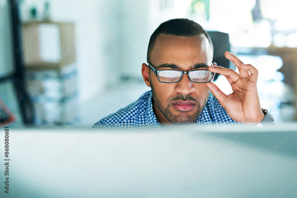 Poster Black man, thinking and computer in office with glasses, research or reading for startup company. Businessman, idea or tech for networking with review, problem solving or brainstorming in workplace