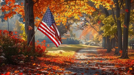 American flag in a park during autumn, vibrant fall colors, serene and patriotic background, digital art