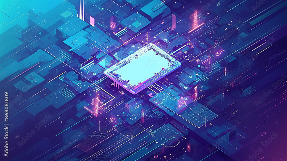 Poster abstract technology background with a glowing blue rectangle in the center with copy space for techn