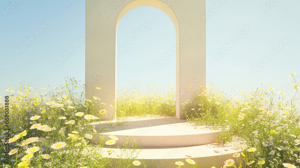 Poster minimalist product display with a white archway and a pink podium in a field of white flowers with c