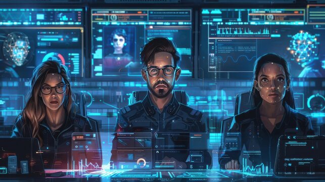 Diverse team in a virtual meeting, holographic screens and avatars, remote collaboration, shared digital workspace, futuristic office design, Sci-fi, Digital Art