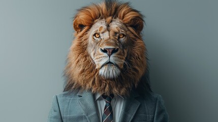 Lion head on a human body dressed in a suit, surreal and humorous concept