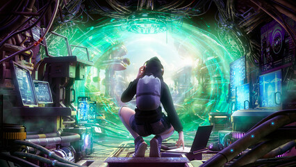 A young hacker girl dressed in a black hood and sneakers, surrounded by a technological laboratory, presses a button on a laptop opening a portal to another world. 3d rendering, sci-fi art