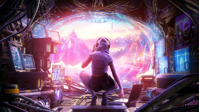 A young hacker girl dressed in a black hood and sneakers, surrounded by a technological laboratory, presses a button on a laptop opening a portal to another world. 3d rendering, sci-fi art