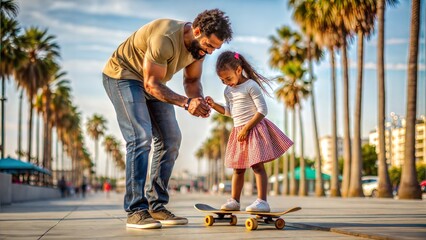 dad teaching daughter ride a scooter on a skate board at the beach