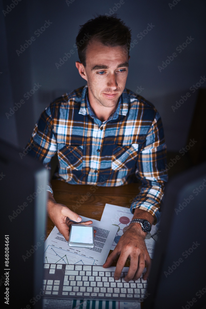 Poster phone, computer and business man research information, chart or stats in startup at night. mobile, k