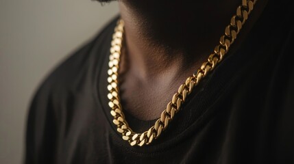 Close-up of a man's neck wearing a gold chain, shot in low-light