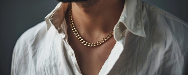 Close-up of man wearing a gold chain necklace with white shirt