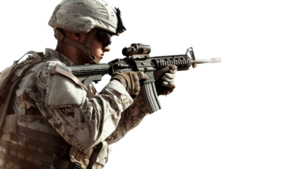 Military soldier holding weapon on transparent background