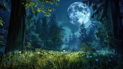 Naklejka premium A beautiful fairytale enchanted forest at night with a big moon in the sky illuminating trees and great vegetation