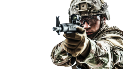 Military soldier holding weapon on transparent background