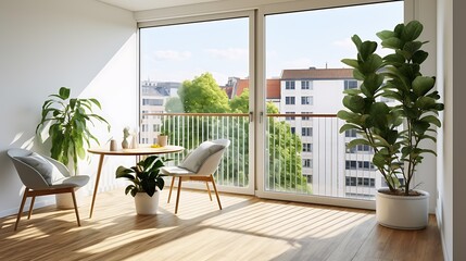 The image shows an interior space with a large glass door leading to an outdoor balcony, which is furnished with a table chair, and a potted plant.