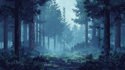 Pixelated foggy forest with towering trees and mystical atmosphere, pixel landscape, eerie woods