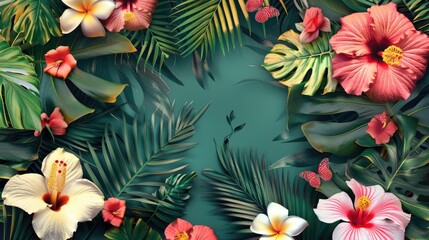 Tropical Flowers Banner with Copy Space