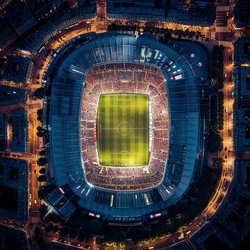 Soccer match at Parc des Princes, evening, stadium lights, vibrant crowd, aerial view, dynamic and lively