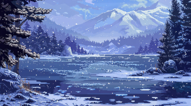 Pixelated frozen lake with detailed ice patterns and snowy surroundings, pixel winter, frozen landscape