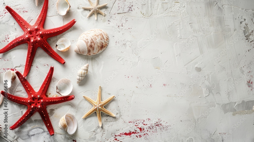 Poster red starfish and shells on white rustic background with space for text