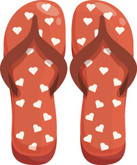 Pair of red flip flops with hearts is standing on tiptoe on white background