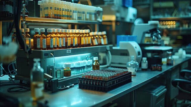Organized Blood Sample Vials on Lab Counter. Rows of blood sample vials organized on a laboratory counter, reflecting systematic sample processing and medical analysis in a research facility.