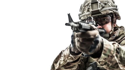 Military soldier holding weapon on transparent background
