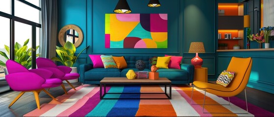 Interior design of a living room with brightly colored