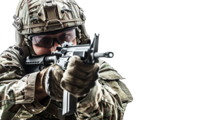 Military soldier holding weapon on transparent background