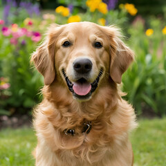 Free photo of the dog sits near blooming roses. AI generative image.