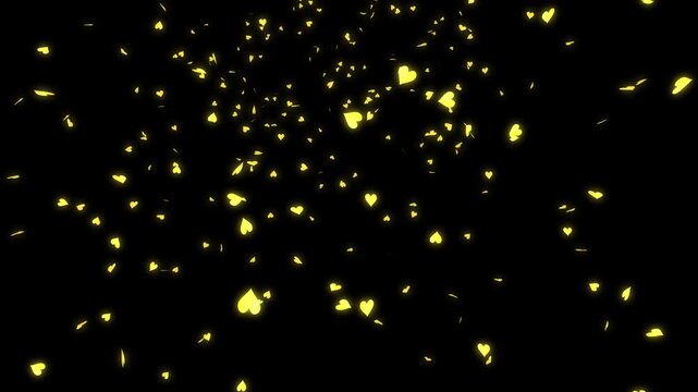 Gold heart shapes falling from black background. For Happy Valentine's day and wedding ceremony.