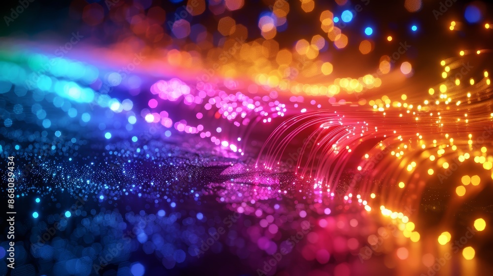 Poster abstract colorful bokeh background with glowing lights and particles.