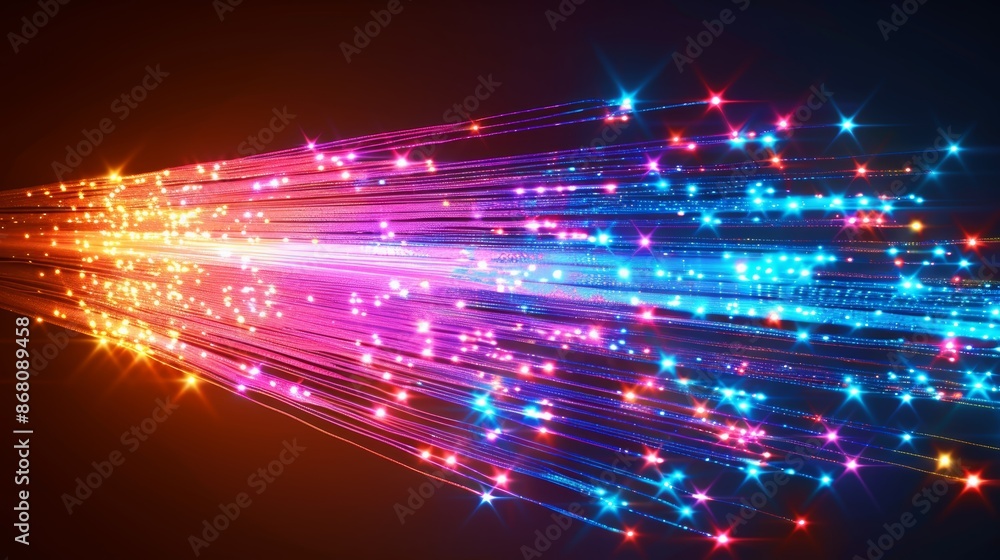 Poster abstract digital data stream with colorful light streaks against a dark background.