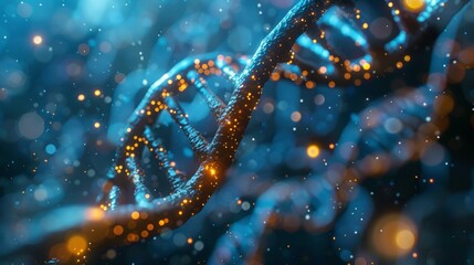 Obraz premium A close-up of a glowing DNA strand, representing the intricate structure of life and genetic information.
