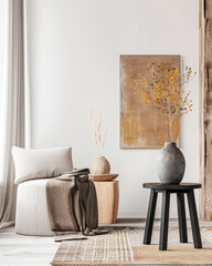 Luxury apartment composition in creamy warm colors and minimalist furniture. Residential Real Estate interiors composition.
