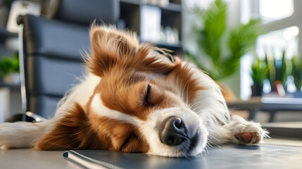 Dog sleeping in business office like tired office worker. Pet comfortably asleep on a table in a pet friendly or dog friendly office.