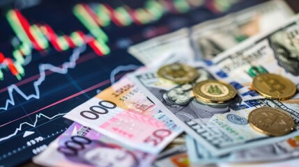 Background featuring a fluctuating stock chart, scattered banknotes, global currency symbols, and financial trends, [stock chart, banknotes, currency], [financial dynamics]