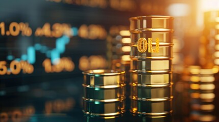Golden oil barrels with stock market data in the background, symbolizing oil investments and market trends.
