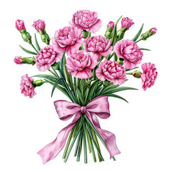Fototapeta premium Pink Carnation Bouquet with Ribbon Illustration, Watercolor illustration of a pink carnation bouquet tied with a ribbon, showcasing delicate petals and lush green stems. 