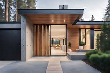 Modern main entrance door. Japanese minimalist style exterior of villa in forest.