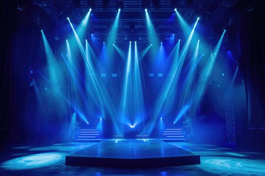 Online concert entertainment concept with blue stage spotlights.