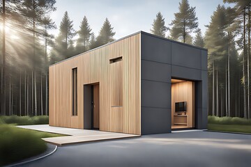 Obraz premium Modern main entrance door. Japanese minimalist style exterior of villa in forest.