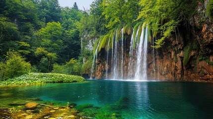 A serene view of a waterfall flowing into a crystal-clear lake, with vibrant green trees and plants surrounding the scene