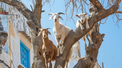 Three goats climbing a tree in a village
